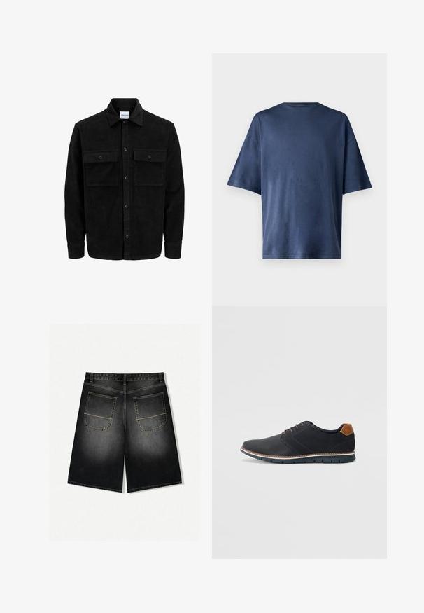 Mustat corduroy-nappi takki, jossa on kaksi etupistotaskua ja klassinen kaulus, pitkät hihat ja ribattu pinta.; T-paita tummansinisestä pehmeästä kankaasta, lyhythihainen, klassinen pyöreä kaula-aukko ja rento istuvuus, ilman näkyviä kuvioita tai yksityiskohtia.; Vaatteet mustassa gradient-efektissä denim-shortsit, joissa on rento malli, kaksi takataskua keltaisella ompelella ja suora leikkaus, joka loppuu reiden puoliväliin.; Mustat synteettiset kengät, joissa on teksturoitu päällinen, sileät yksityiskohdat, ruskea kanta ja erottuva pohja. Ominaisuuksina minimaalinen nauhoitus ja ompeluyksityiskohdat.