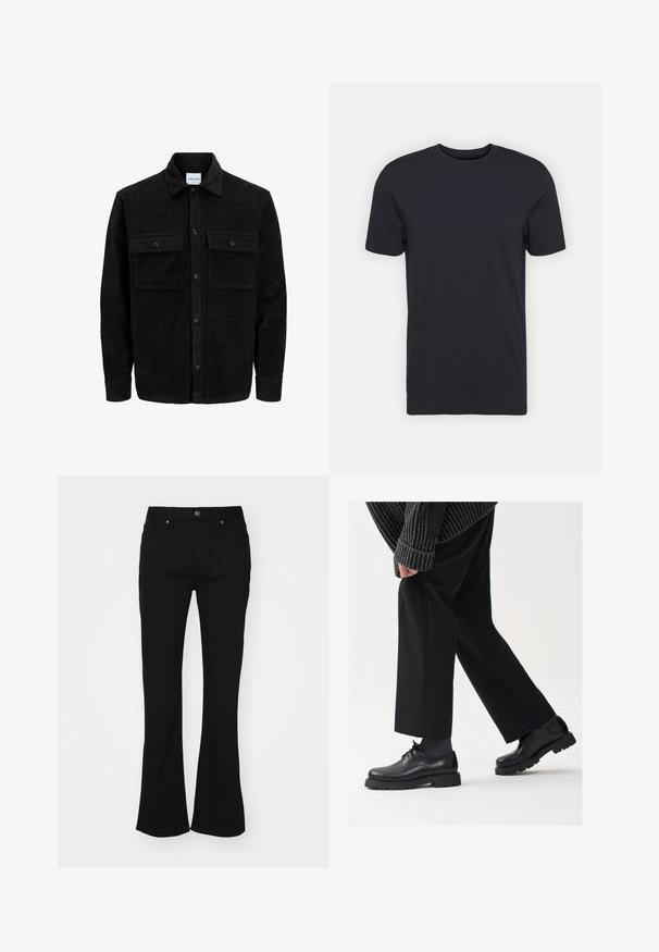 Svart kordfløyels knappjakke med to frontlommer med klaff og klassisk krage, lange ermer og ribbet tekstur.; Svart bomull T-skjorte, korte ermer, rund hals, ensfarget, lett stoff, jevn tekstur, ingen synlige mønstre eller grafikk.; Svart høy midje flared jeans med frontknapp og fem lommer, vist på hvit bakgrunn.; Sorte skinnsko med rund tupp, snøring og tykk, teksturert såle. Brukt med skreddersydde svarte bukser og en ribbet genser.