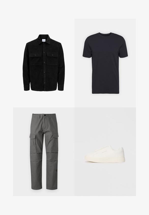 Sort fløjl button-up jakke med to frontlommer og klassisk krave, lange ærmer og ribbet tekstur.; Sort bomulds t-shirt, korte ærmer, rund halsudskæring, ensfarvet, let stof, glat tekstur, ingen synlige mønstre eller grafik.; Grå cargo bukser lavet af slidstærkt stof, med lige ben design, flere sidelommer og synlige søm detaljer.; Hvide slip-on sneakers med en struktureret overflade, en tyk sål og et minimalistisk design. Har brandlogoet på siden.