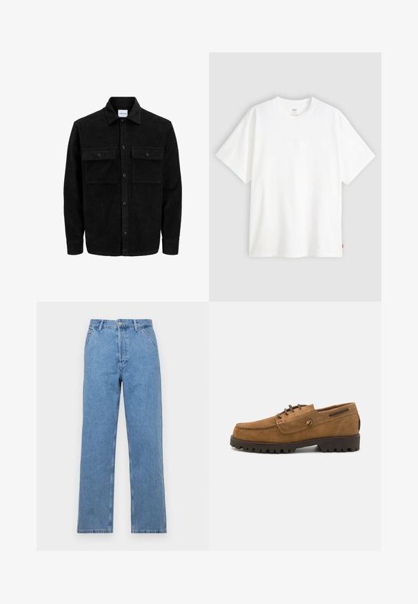 Chaqueta de pana negra con botones, dos bolsillos delanteros con solapa y un cuello clásico, mangas largas y textura acanalada.; Camiseta blanca de manga corta hecha de algodón con cuello redondo. Presenta un sutil detalle de logo en relieve en la parte delantera y una etiqueta roja en el dobladillo.; Vaqueros de mezclilla azul claro de pierna recta con un diseño clásico de cinco bolsillos, con cierre de botón en la parte delantera y trabillas para cinturón. Textura suave.; Zapatos de ante marrón con punta redondeada, acentos de costura en contraste y una suela de goma texturizada con profundas ranuras para mayor tracción.