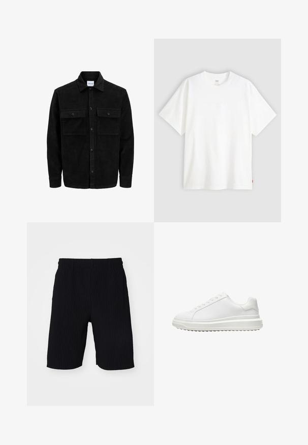 Černá kordurová košile s knoflíky, dvěma předními klopovými kapsami a klasickým límcem, dlouhými rukávy a vroubkovanou texturou.; Bílý krátký rukáv tričko vyrobené z bavlny s kulatým výstřihem. Na přední straně se nachází decentní embosované logo a červená cedulka na lemu.; Only & Sons ONSASHER PLEATED PLISSEE - Šortky - black; Bílé tenisky s hladkým syntetickým svrškem, kulatou špičkou, plochými tkaničkami, texturovanou podrážkou a vrstveným designem platformy pro zvýšení výšky.
