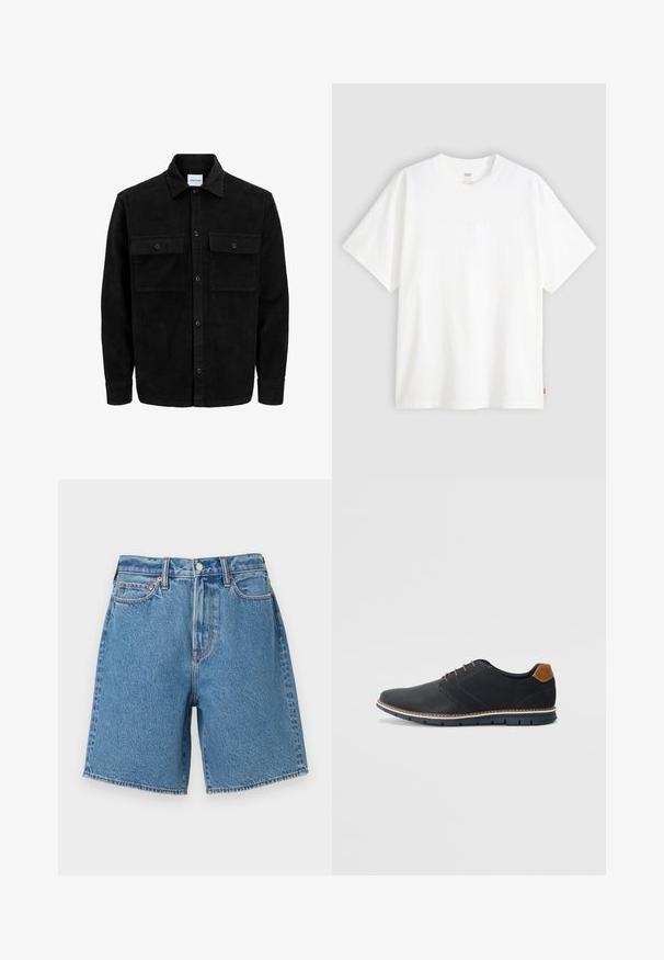 Svart kordfløyels knappjakke med to frontlommer med klaff og klassisk krage, lange ermer og ribbet tekstur.; Hvit t-skjorte med korte ermer laget av bomull, med rund hals. Har diskret preget logo detalj foran og en rød etikett på kanten.; Lys blå denimshorts med høy midje, fem-pocket design, sydd kanter og metallknapplukking. Teksturert med en klassisk finish.; Sorte syntetiske sko med en teksturert overdel, glatte detaljer, brun hæl og en kontrastfarge på sålen. Har minimalt snøring og sømdetaljer.