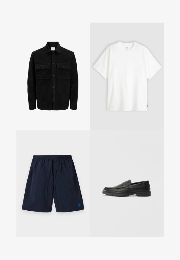 Juodas velveto mygtukų švarkas su dviem priekiniais kišenėmis su atvartais, klasikiniu apykakle, ilgomis rankovėmis ir raukšlėtu paviršiumi.; Baltas trumpas rankovės marškinėlis, pagamintas iš medvilnės, su apvalia iškirpte. Priekyje yra subtilus iškilus logotipas ir raudonas etiketas ant apačios.; Tamsiai mėlyni šortai, pagaminti iš lengvos medžiagos, su elastinga juosmens juosta ir mažu kvadratiniu GAP logotipu apatiniame dešiniajame kampe.; Juodai odiniai loaferiai su sklandžiu paviršiumi, mokasino stiliaus viršus, siuvinėjimu ir guminėmis padangomis. Klasikinis dizainas su žemu kulnu.