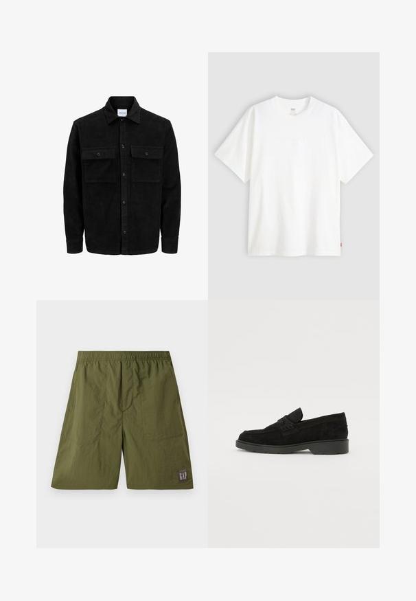 Black corduroy button-up jacket with two front flap pockets and a classic collar, long sleeves, and ribbed texture.; White short-sleeve t-shirt made of cotton with a crew neck. Features subtle embossed logo detail on the front and a red label at the hem.; Green nylon shorts with an elastic waistband, two side pockets, and a patch label featuring "GAP" in white on a dark gray background.; Black suede loafers with a low heel, featuring a simple band across the upper and textured detailing along the sides.