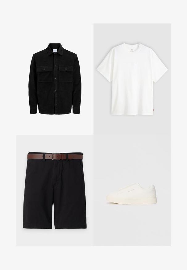 Sort fløjl button-up jakke med to frontlommer og klassisk krave, lange ærmer og ribbet tekstur.; Hvid kortærmet t-shirt i bomuld med rund hals. Har diskret præget logo-detalje på forsiden og et rødt mærke i kanten.; Sorte bomulds shorts med et brunt læderbælte. Designet inkluderer forlommer og en lige pasform med færdige sømme.; Hvide slip-on sneakers med en struktureret overflade, en tyk sål og et minimalistisk design. Har brandlogoet på siden.