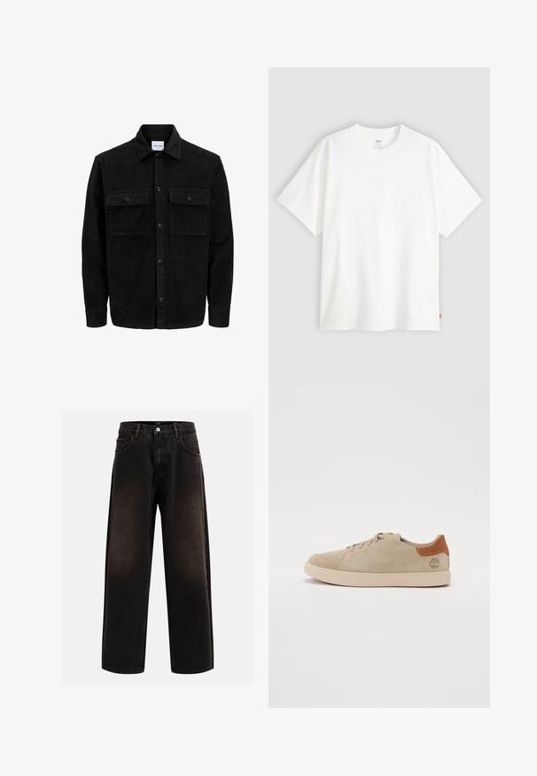 Svart kordfløyels knappjakke med to frontlommer med klaff og klassisk krage, lange ermer og ribbet tekstur.; Hvit t-skjorte med korte ermer laget av bomull, med rund hals. Har diskret preget logo detalj foran og en rød etikett på kanten.; Sorte denimbukser med avslappet passform, med beltesløyfer, fem-lommersdesign og knappelukking. Strukturert stoff med lett falming.; Beige semskinn joggesko med dekorativ søm, lys gummisåle og brune lærdetaljer på hælen og logoen.