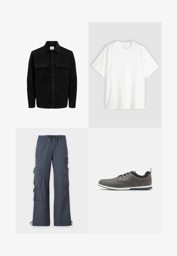 Jachetă din catifea neagră, cu butoni, două buzunare frontale cu clapetă și un guler clasic, mâneci lungi și textură ribbed.; Tricou alb cu mânecă scurtă, confecționat din bumbac, cu gât rotund. Prezintă un detaliu logo subtil embosat pe față și un etichetă roșie la tiv.; Pantaloni cargo gri închis cu un brâu elastic, multiple buzunare mari pe laterale și manșete ajustabile la gleznă.; Pantofi din piele gri cu accente negre, având vârful rotunjit, design cu șireturi, talpă albă și un mic tab de prindere la călcâi.