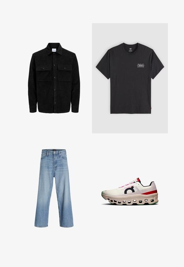 Melnas kordūru pogu jaka ar divām priekšējām atloka kabatām un klasisku apkakli, garām piedurknēm un ribotu tekstūru.; Melna kokvilnas t-krekls ar īsām piedurknēm un apaļu kaklu. Ar mazām baltām grafikām uz kreisās krūts. Gluda tekstūra.; Gaiši zili plaša kāju džinsi, kas izgatavoti no denima, ar augstu jostasvietu, klasisku piecu kabatu dizainu un pogu aizdari ar rāvējslēdzēju.; Skriešanas apavi ar baltu acu audumu un rozā akcentiem, liels melns logo, un masīva krēma krāsas zole ar sešstūra izgriezumiem un zaļu detaļu.