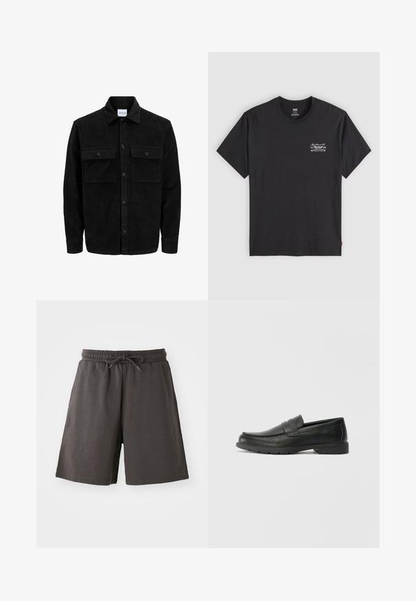 Veste en velours côtelé noire à boutons, avec deux poches à rabat à l'avant et un col classique, des manches longues et une texture côtelée.; T-shirt en coton noir à manches courtes et col rond. Présente un petit print graphique blanc sur la poitrine gauche. Texture lisse.; Shorts gris foncé en tissu doux, dotés d'une taille élastique, d'un cordon de serrage réglable et d'une coupe au niveau des genoux. Texture lisse, sans motifs.; Mocassins en cuir noir avec une finition lisse, tige de style moccasin, détails cousus et semelle en caoutchouc. Design classique avec un talon bas.