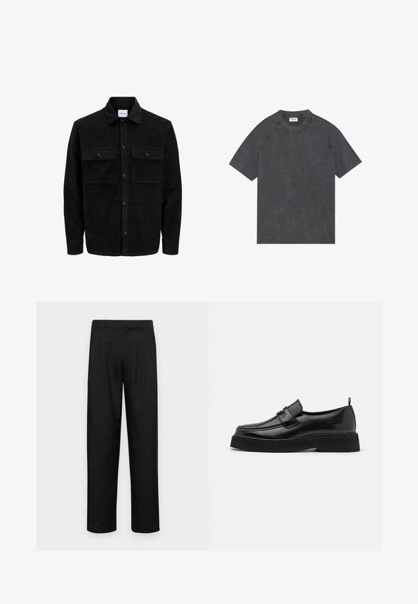 Mustat corduroy-nappi takki, jossa on kaksi etupistotaskua ja klassinen kaulus, pitkät hihat ja ribattu pinta.; Tummanharmaa puuvillapaita, jossa on pyöreä pääntie, lyhyet raglan-hihat ja pehmeä, hieman teksturoitu pinta. Ei näkyviä kuvioita tai koristeita.; Mustat housut, jotka on valmistettu sileästä kankaasta, suoran lahkeen muotoilulla, kahdella etupleekillä ja tavanomaisella vyötäröllä, jossa on vyölenkit.; Musta nahka loafer-tyyliset kengät, joissa on littee, kuvioitu pohja, jossa on tikattu varvas ja hihna jalkapöydän kohdalla.