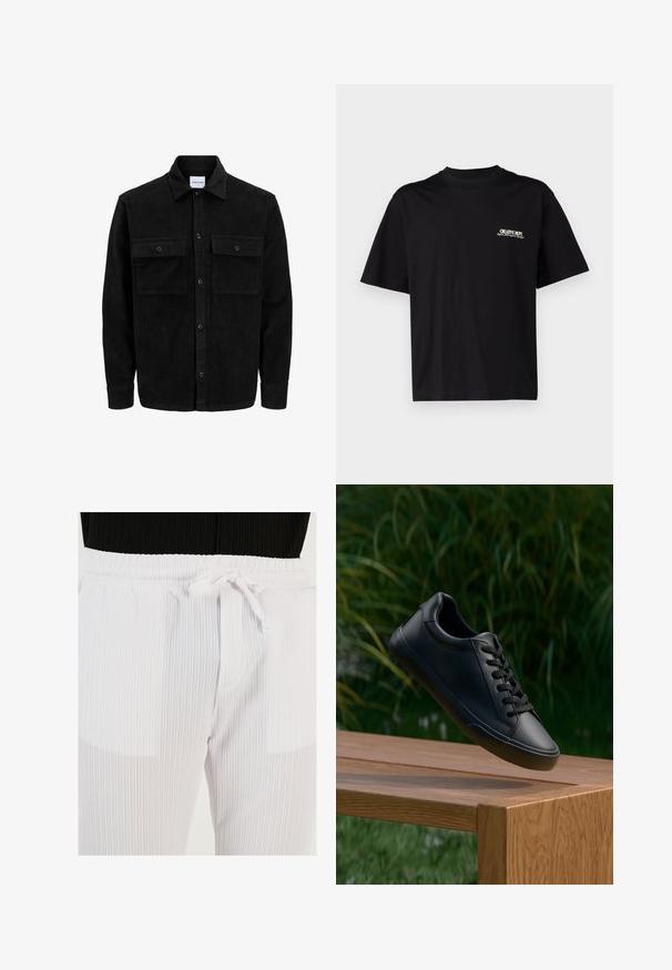 Zwarte corduroy knopenjack met twee voorste klepzakken en een klassieke kraag, lange mouwen en ribbelstructuur.; Zwarte katoenen t-shirt met korte mouwen, ronde hals, en een print op de voorkant van de linkerborst in witte en gouden tekst, met een ontspannen pasvorm.; Buratti Broek - white; Zwarte leren sneaker met een gladde textuur, ronde neus, en platte veters, geplaatst boven een houten oppervlakte met groene gras op de achtergrond.