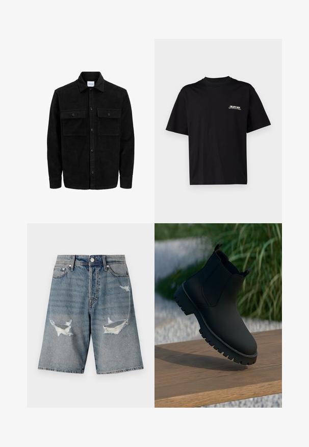 Juodas velveto mygtukų švarkas su dviem priekiniais kišenėmis su atvartais, klasikiniu apykakle, ilgomis rankovėmis ir raukšlėtu paviršiumi.; Juodas medvilnės marškinėliai trumpomis rankovėmis, apvaliu kaklu ir baltu bei auksiniu tekstu ant kairiojo krūtinės šono, pasižymintys laisvu siluetu.; Šviesiai mėlynos džinsinės šortai su nuskilusiomis detalėmis ir suplėšytais kraštais. Turintys standartinius kišenius ir mygtuko užsegimą liemenyje.; Juodos kulkšninių botų, su lygia apdaila, elastingomis šoninėmis juostomis ir stora, tvirta padu. Sufokusuoti gamtos fone ant medinės dangos.