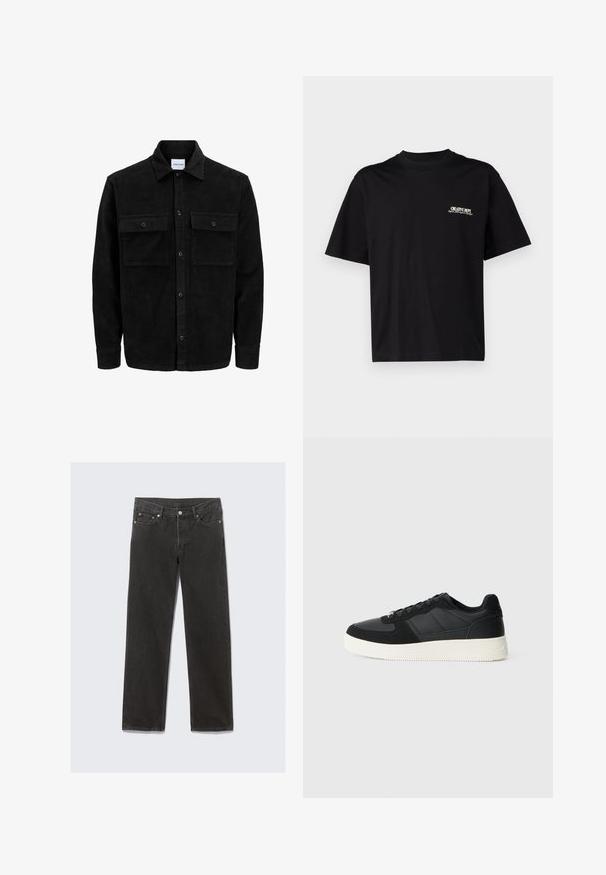 Chaqueta de pana negra con botones, dos bolsillos delanteros con solapa y un cuello clásico, mangas largas y textura acanalada.; Camiseta de algodón negra con mangas cortas, cuello redondo y estampado en blanco y dorado en el frente, lado izquierdo del pecho, con un corte relajado.; Jeans de mezclilla negra de pierna recta con un diseño clásico de cinco bolsillos, con costuras naranjas y cierre de cremallera.; Zapatilla negra de corte bajo con paneles de cuero texturizado y gamuza, suela de goma blanca y cordones negros sobre un fondo claro y liso.