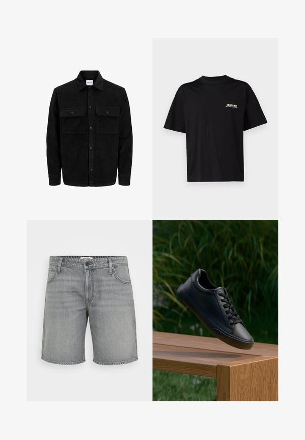 Melnas kordūru pogu jaka ar divām priekšējām atloka kabatām un klasisku apkakli, garām piedurknēm un ribotu tekstūru.; Melna kokvilnas T-kreklu ar īsām piedurknēm, apaļu kakla izgriezumu un baltu un zeltītu tekstu drukāšanu kreisajā krūtīs, ar brīvu piegriezumu.; Pelēki denima šorti ar klasisku griezumu, pieciem kabatām un standarta pogu un rāvējslēdzēja aizdari. Nedaudz izbalējusi tekstūra, tīra apmale.; Melnas ādas sporta apavi ar gludu tekstūru, apaļu purngalu un plakanu šņorēšanu, novietoti virs koka virsmas ar zaļām zālēm fonā.