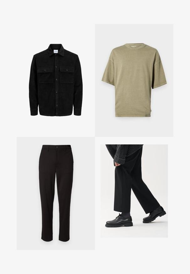 Black corduroy button-up jacket with two front flap pockets and a classic collar, long sleeves, and ribbed texture.; Olive green short-sleeve t-shirt made of soft fabric, featuring a round neckline and a relaxed fit with stitched hems.; Black trousers made of lightweight fabric, featuring a straight leg, front button closure, belt loops, and side pockets.; Black leather shoes with a rounded toe, lace-up design, and thick, textured sole. Worn with tailored black trousers and a ribbed sweater.