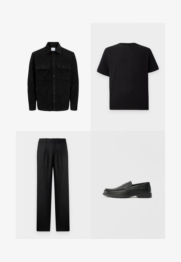 Jachetă din catifea neagră, cu butoni, două buzunare frontale cu clapetă și un guler clasic, mâneci lungi și textură ribbed.; Tricou negru cu mânecă scurtă, realizat dintr-un material texturat, cu decolteu rotund și o croială relaxată. Simplu, fără modele sau accente.; Pantaloni negri, cu talie înaltă, cu un design drept, având pliseuri frontale și bucle pentru curea, confecționați dintr-un material neted.; Labeled cu oglindă din piele neagră cu un finisaj neted, partea superioară în stil mocasin, detalii cusute și o talpă din cauciuc. Design clasic cu un toc jos.