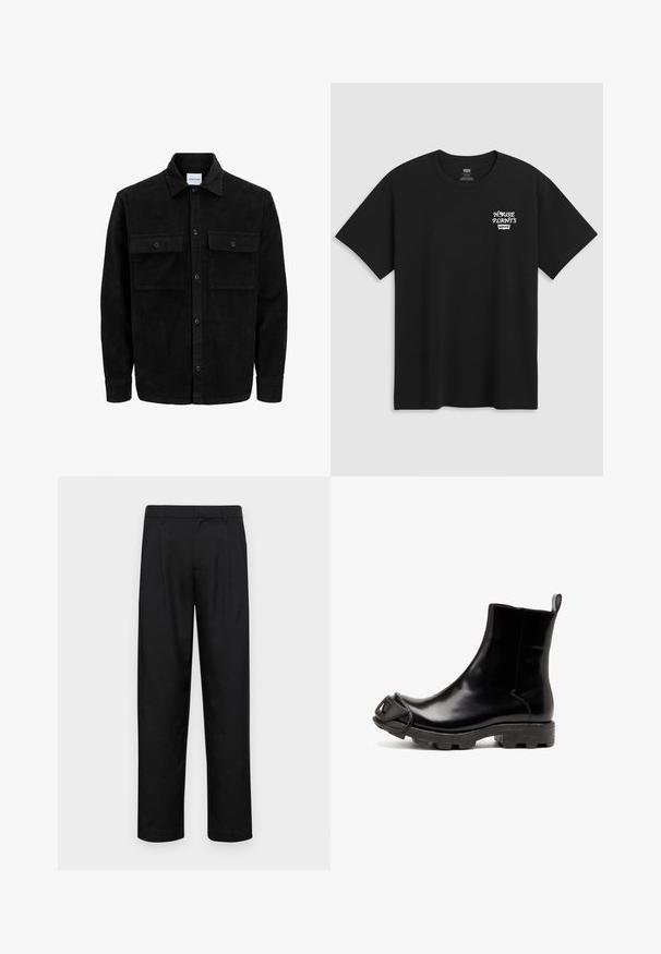 Crni kožni kord jakna na dugmad s dva prednja džepa s preklopom i klasičnim ovratnikom, dugim rukavima i rebrastom teksturom.; Crna pamučna majica s printom na prsima koji glasi "KUĆNE BILJKE" u bijelom stiliziranom fontu s "Levi's" ispod. Klasični okrugli izrez.; Crne hlače od glatkog materijala, s dizajnom ravnih nogavica, dva prednja nabora i standardnim pojasom s petljama za remen.; Crne gumene gležnjače s sjajnim finišem, imaju zaobljeni vrh i karakterističan, oblikovan akcent na vrhu. Teksturirana crna potplat.