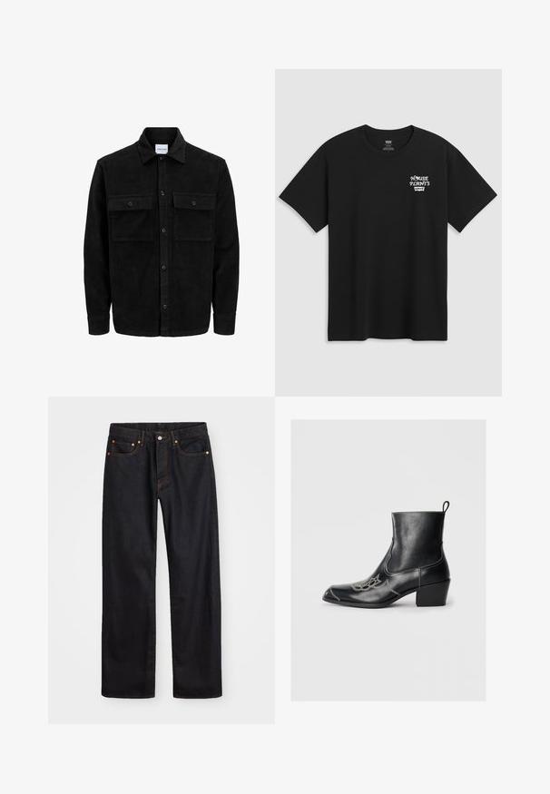 Svart kordfløyels knappjakke med to frontlommer med klaff og klassisk krage, lange ermer og ribbet tekstur.; Svart bomull t-skjorte med brysttrykk som leser "HUSPLANTER" i hvit stilisert skrift med "Levi's" under. Klassisk crew-hals.; Men's straight-leg svarte denim jeans med fem lommer og oransje søm, knapp og glidelås lukking foran på midjen.; Svarte skinn ankelstøvler med firkantet tå, dekorativ søm og lav blokkhel. Har en trektegjenstand for enkel påkledning.