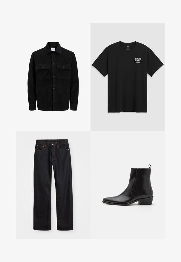 Svart kordfløyels knappjakke med to frontlommer med klaff og klassisk krage, lange ermer og ribbet tekstur.; Svart bomull t-skjorte med brysttrykk som leser "HUSPLANTER" i hvit stilisert skrift med "Levi's" under. Klassisk crew-hals.; Men's straight-leg svarte denim jeans med fem lommer og oransje søm, knapp og glidelås lukking foran på midjen.; Zign LEATHER - Cowboystøvletter - black