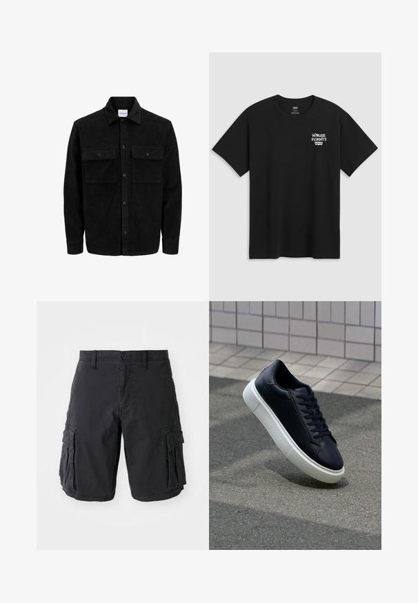 Sort fløjl button-up jakke med to frontlommer og klassisk krave, lange ærmer og ribbet tekstur.; Sorte bomulds t-shirt med et brysttryk, der står "HOUSE PLANTS" i hvid stiliseret skrift med "Levi's" nedenunder. Klassisk rund halsudskæring.; Sorte cargo shorts lavet af bomuld, med flere sidelommer, knaplukning og en afslappet pasform. Glat tekstur og robuste syninger.; Sort lædersneaker med rund tå og hvid gummisål. Har flade snørebånd og minimal syning på overdelen. Tekstureret sål for bedre greb.