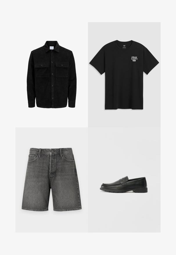 Čierna kordúrová bunda s gombíkmi, dvoma prednými vreckami so záklopkou a klasickým golierom, dlhými rukávmi a ryhovanou textúrou.; Čierne bavlnené tričko s potlačou na hrudi, ktorá znie "DOMÁCE RASTLINY" v bielej štýlovej typografii s "Levi's" nižšie. Klasický strih s okrúhlym výstrihom.; Tmavošedé denimhore s klasickým dizajnom piatich vreciek, zapínaním na gombík a zips, rovný strih a mierne zosvetlenou textúrou po celom obvode.; Čierne kožené mokasíny s hladkým povrchom, vrchnou časťou v štýle mokasín, prešitým detailom a gumovou podrážkou. Klasický dizajn s nízkym podpätkom.