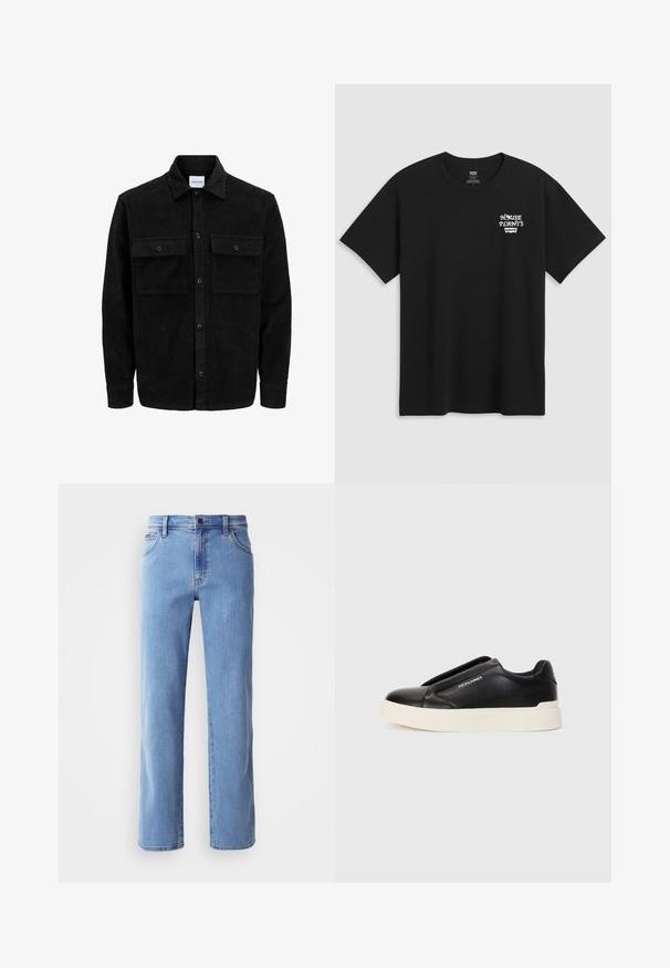 Mustmustöös nupuga jope, millel on kaks eesmist klapiga taskut ja klassikaline kaelus, pikad varrukad ning ribakujuline tekstuur.; Must musta t-särk, millel on rinnakrüpt, mis ütleb "KESKKOND" valgel stiliseeritud fontidega ja "Levi's" all. Klassikaline ümar kaelus.; Heledad sinine sirge säärega teksapüksid, mis on valmistatud denimist, keskmise kõrgusega piht, esi-taskud ja peened õmblusdetailid. Ilma kaunistusteta.; Must musta kingad tekstureeritud nahast pealmise osaga, valge kummist tallaga ja nähtamatute paeltega. Küljel on brändi logo.