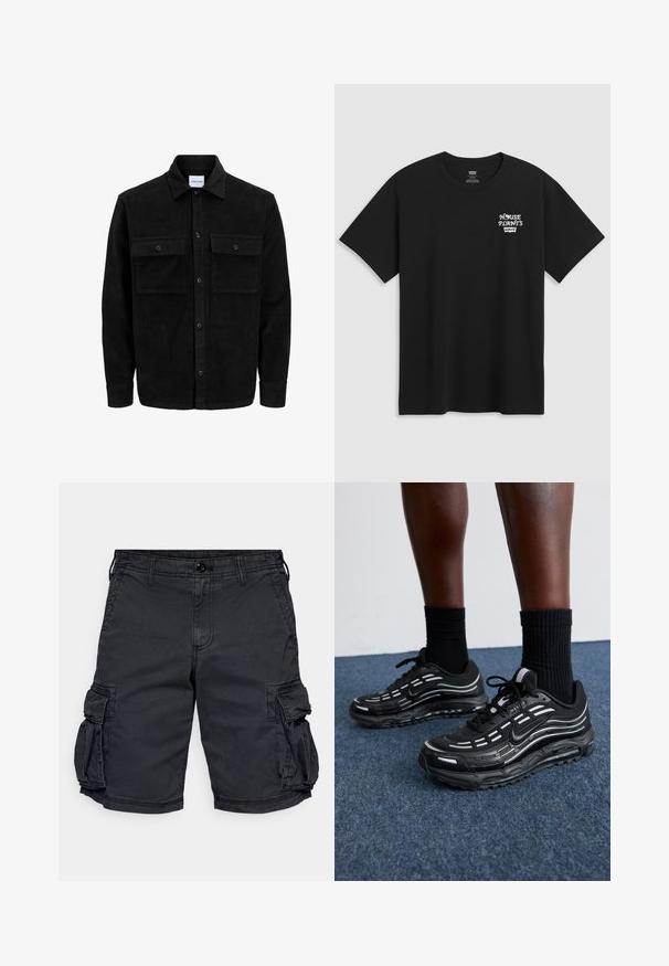 Black corduroy button-up jacket with two front flap pockets and a classic collar, long sleeves, and ribbed texture.; Black cotton t-shirt featuring a chest print that reads "HOUSE PLANTS" in white stylized font with "Levi's" below. Classic crew neckline.; Black cargo shorts made of cotton with multiple side pockets, a zip fly, and belt loops. Features a durable fabric with visible stitching.; Black Nike shoes feature a mesh upper with accent stripes, textured lacing, and a black rubber sole. Worn with black ribbed socks.