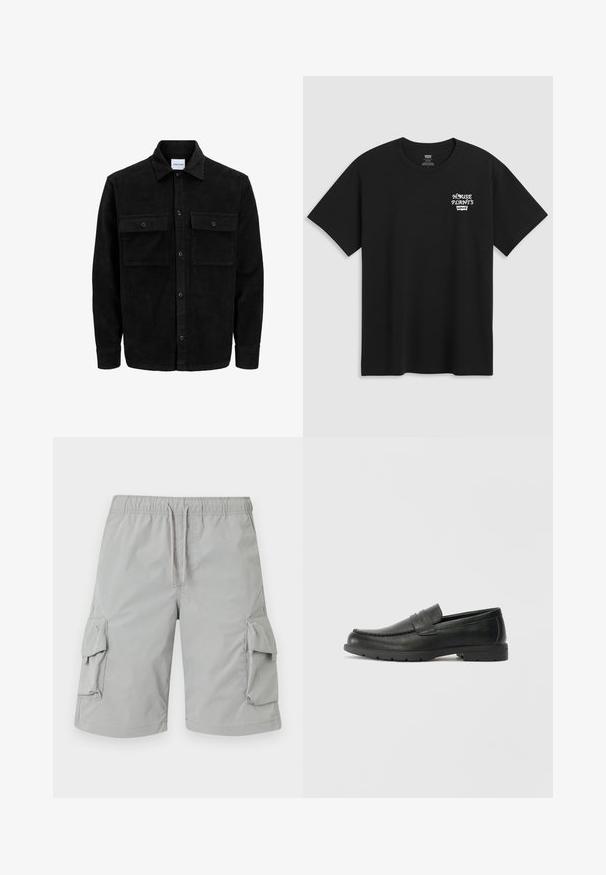 Giacca in corduroy nera con bottoni, due tasche anteriori con patta, colletto classico, maniche lunghe e texture a coste.; T-shirt in cotone nero con stampa sul petto che recita "HOUSE PLANTS" in carattere stilizzato bianco, con "Levi's" sotto. Collo a giroclassico.; Pantaloni cargo grigi chiari con vita elastica, chiusura con cordino e due grandi tasche laterali. Tessuto liscio e leggero.; Mocassini neri in pelle con una finitura liscia, parte superiore in stile mocassino, dettagli cuciti e suola in gomma. Design classico con tacco basso.