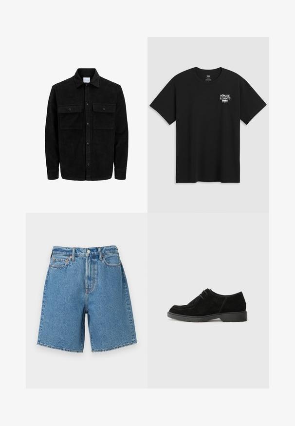 Jachetă din catifea neagră, cu butoni, două buzunare frontale cu clapetă și un guler clasic, mâneci lungi și textură ribbed.; Tricou negru din bumbac, cu un imprimeu pe piept care spune "PLANTE DE CASĂ" cu un font alb stilizat, având "Levi's" dedesubt. Decolteu clasic tip crew.; Shorts din denim de culoare albastru deschis, cu talie înaltă, design cu cinci buzunare, margini cusute și închidere cu nasture metalic. Textura are un finisaj clasic.; Pantofii negri din suede, cu vârful rotunjit, cusături contrastante și talpă din cauciuc. Prezintă un sistem de șireturi minim și un design suprem neted.