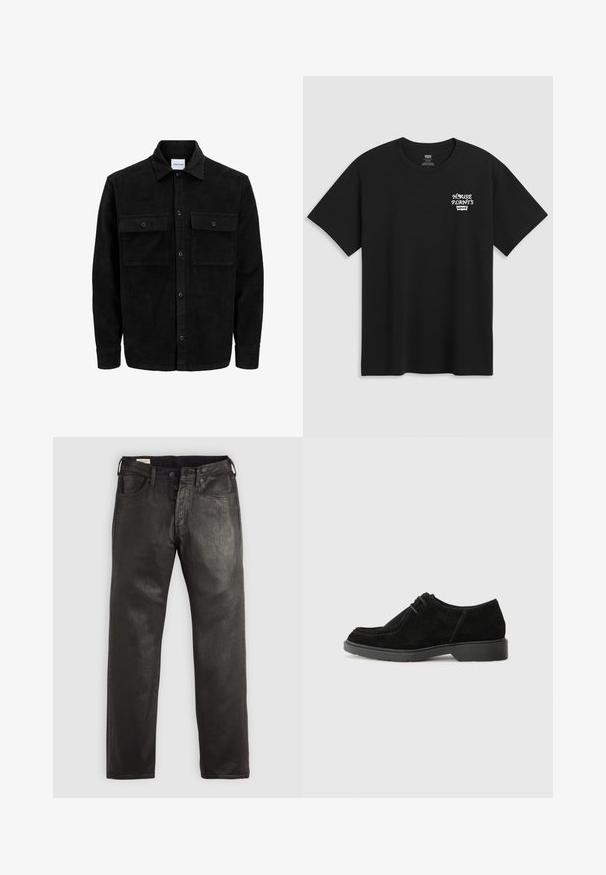 Črna kordurojska jakna z gumbi, z dvema sprednjima žepoma z zavihkom in klasičnim ovratnikom, dolgimi rokavi ter rebrasto teksturo.; Črna bombažna majica s tiskom na prsih, ki prebere "HOUSE PLANTS" v beli stilizirani pisavi, pod njim pa je zapisano "Levi's". Klasičen kroj z okroglim izrezom.; Črne kavbojke iz denima ravnega kroja, z gumbom in zadrgo, petimi žepi in gladko teksturo.; Črne semiš čevlje za posebne priložnosti z zaobljenim nosom, kontrastnim šivom in gumijastim podplatom. Imajo minimalistično vezanje in gladko zgornjo zasnovo.