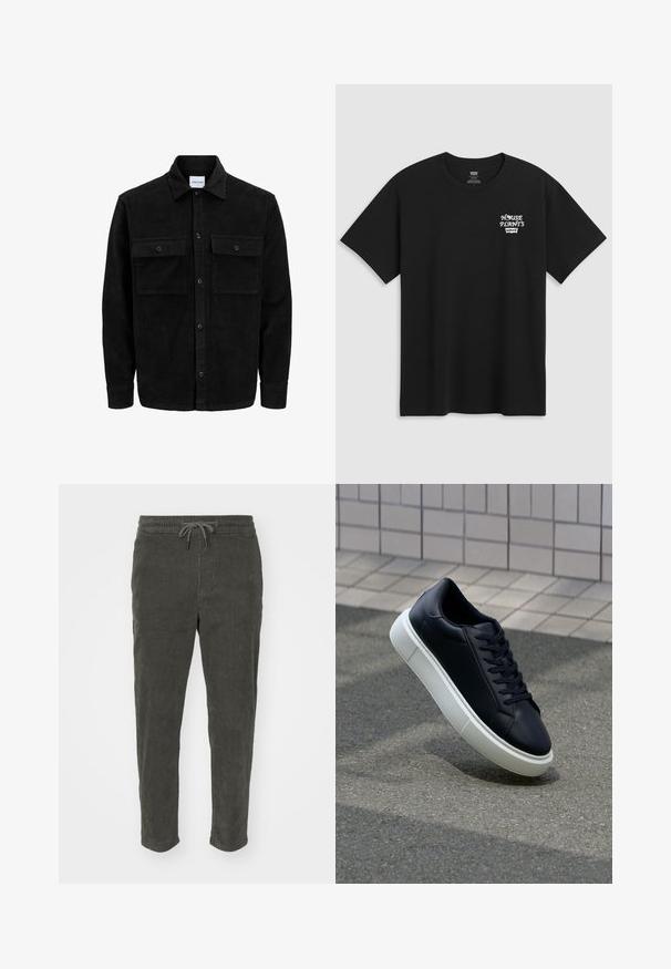 Czarna kurtka z korduru z guzikami, z dwoma przednimi kieszeniami na klapki oraz klasycznym kołnierzem, długimi rękawami i ryżowym splotem.; Czarna bawełniana koszulka z nadrukiem na klatce piersiowej, na którym widnieje napis "ROŚLINY DOMOWE" w białej stylizowanej czcionce z "Levi's" poniżej. Klasyczny okrągły dekolt.; Spodnie z korduroy w ciemnozielonym kolorze, z elastycznym pasem ze sznurkiem i zwężanymi nogawkami. Teksturowana powierzchnia z pionowymi żebrami.; Czarne skórzane sneakersy z okrągłym noskiem i białą gumową podeszwą. Posiadają płaskie sznurowadła i minimalne przeszycia na cholewce. Teksturowana podeszwa zapewnia przyczepność.