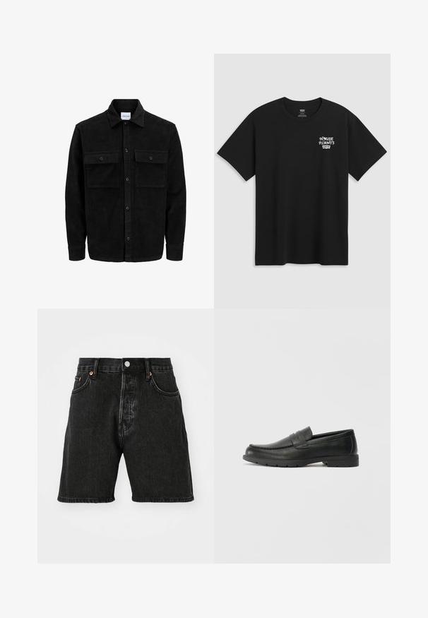 Black corduroy button-up jacket with two front flap pockets and a classic collar, long sleeves, and ribbed texture.; Black cotton t-shirt featuring a chest print that reads "HOUSE PLANTS" in white stylized font with "Levi's" below. Classic crew neckline.; Black denim shorts featuring a high waist, five-pocket design, copper buttons, and a raw hem. The fabric has a slight texture with fading.; Black leather loafers with a smooth finish, moccasin-style upper, stitched detailing, and a rubber sole. Classic design with a low heel.