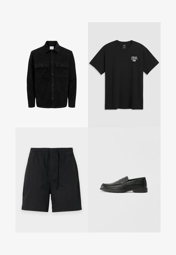 Čierna kordúrová bunda s gombíkmi, dvoma prednými vreckami so záklopkou a klasickým golierom, dlhými rukávmi a ryhovanou textúrou.; Čierne bavlnené tričko s potlačou na hrudi, ktorá znie "DOMÁCE RASTLINY" v bielej štýlovej typografii s "Levi's" nižšie. Klasický strih s okrúhlym výstrihom.; Čierne šortky s elastickým pásom a šnúrkou. Vyrobené z ľahkého materiálu s bočnými vreckami a jednoduchým, klasickým dizajnom.; Čierne kožené mokasíny s hladkým povrchom, vrchnou časťou v štýle mokasín, prešitým detailom a gumovou podrážkou. Klasický dizajn s nízkym podpätkom.