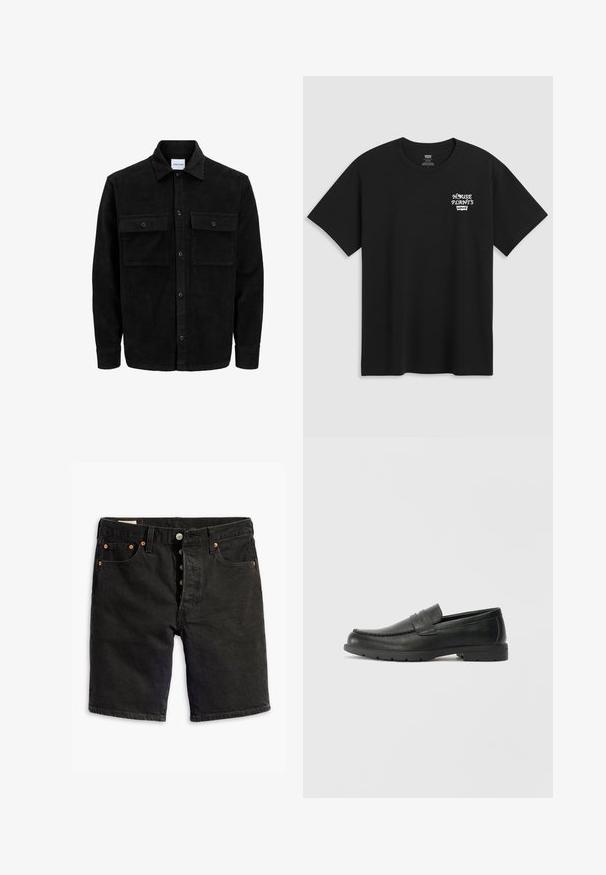 Juodas velveto mygtukų švarkas su dviem priekiniais kišenėmis su atvartais, klasikiniu apykakle, ilgomis rankovėmis ir raukšlėtu paviršiumi.; Juodas medvilninis marškinėliai su krūtinės spauda, kuri skaito "NAMŲ AUGALAI" balta stilizuota šriftu su "Levi's" žemiau. Klasikinis apvalus iškirpimas.; Levi's® ORIGINAL - Džinsiniai šortai - black; Juodai odiniai loaferiai su sklandžiu paviršiumi, mokasino stiliaus viršus, siuvinėjimu ir guminėmis padangomis. Klasikinis dizainas su žemu kulnu.