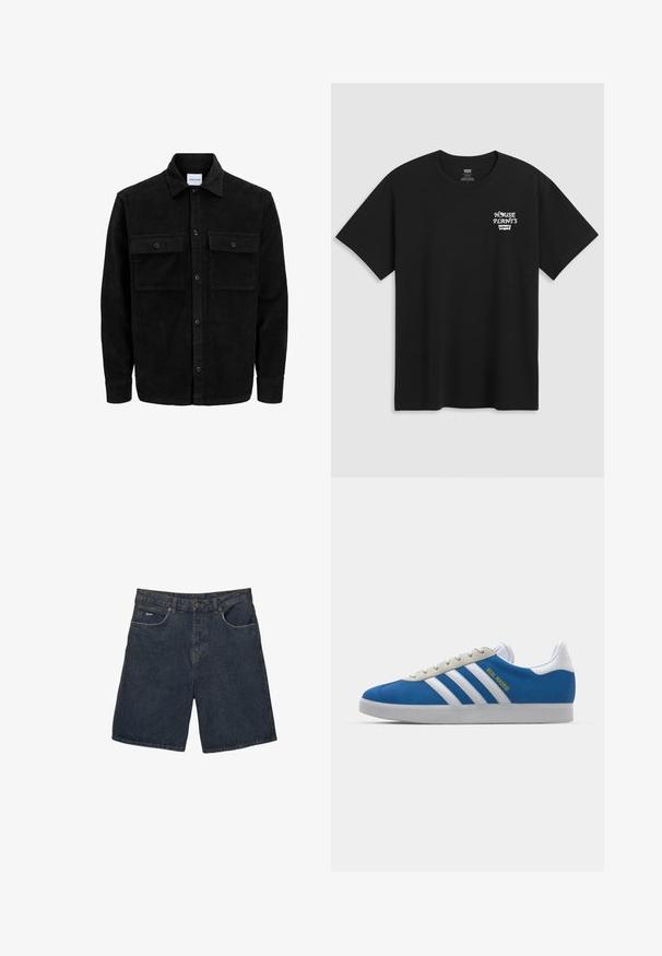 Crni kožni kord jakna na dugmad s dva prednja džepa s preklopom i klasičnim ovratnikom, dugim rukavima i rebrastom teksturom.; Crna pamučna majica s printom na prsima koji glasi "KUĆNE BILJKE" u bijelom stiliziranom fontu s "Levi's" ispod. Klasični okrugli izrez.; Traperice s kratkim nogavicama u tamnoplavoj boji, s klasičnim dizajnom pet džepova, petljicama za pojas i kopčanjem na dugme; teksturirana tkanina s blagim izbljeđivanjem.; adidas Originals ADIDAS GAZELLE SHOES - Dvoranske nogometne kopačke - real madrid/bluebird/footwear white/crew yellow