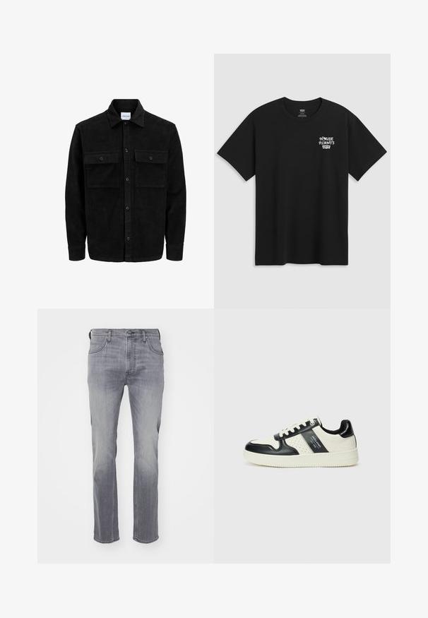 Svart kordfløyels knappjakke med to frontlommer med klaff og klassisk krage, lange ermer og ribbet tekstur.; Svart bomull t-skjorte med brysttrykk som leser "HUSPLANTER" i hvit stilisert skrift med "Levi's" under. Klassisk crew-hals.; Grå denimjeans har en rett ben-design, fem-lommestil og en falmet finish. Materialet har en glatt tekstur og litt stretch.; Lædersneakers med sort og creme farveskema, der har perforerede detaljer, en polstret krave og en struktureret ydersål.