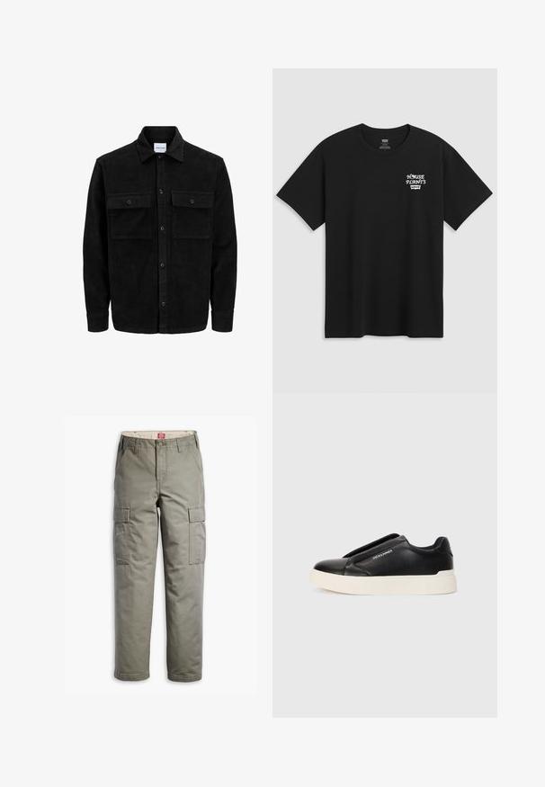 Juodas velveto mygtukų švarkas su dviem priekiniais kišenėmis su atvartais, klasikiniu apykakle, ilgomis rankovėmis ir raukšlėtu paviršiumi.; Juodas medvilninis marškinėliai su krūtinės spauda, kuri skaito "NAMŲ AUGALAI" balta stilizuota šriftu su "Levi's" žemiau. Klasikinis apvalus iškirpimas.; Oliviniai cargo kelnės, pagamintos iš patvarios medvilnės mišinio, su šoninėmis kišenėmis, tiesiu kojų dizainu ir mygtukų uždarymu.; Juodi slip-on sportbačiai su tekstūruota odos viršutine dalimi, balta gumine padai ir be matomų raištelių. Šone yra prekės ženklo logotipas.