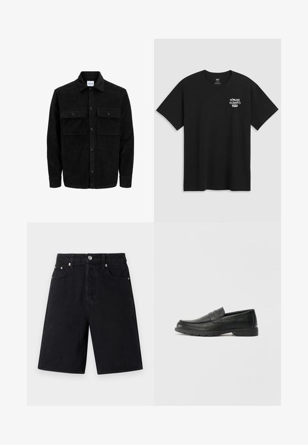Črna kordurojska jakna z gumbi, z dvema sprednjima žepoma z zavihkom in klasičnim ovratnikom, dolgimi rokavi ter rebrasto teksturo.; Črna bombažna majica s tiskom na prsih, ki prebere "HOUSE PLANTS" v beli stilizirani pisavi, pod njim pa je zapisano "Levi's". Klasičen kroj z okroglim izrezom.; Črne denim kratke hlače s ravnim krojem. Vključujejo zadrgo, pet žepov, srebrno strojno opremo in subtilno teksturirano površino.; Črne usnjene loafer čevlje z gladko površino, zgornjim delom v slogu mokasin, šivanimi detajli in gumijastim podplatom. Klasična zasnova z nizko peto.