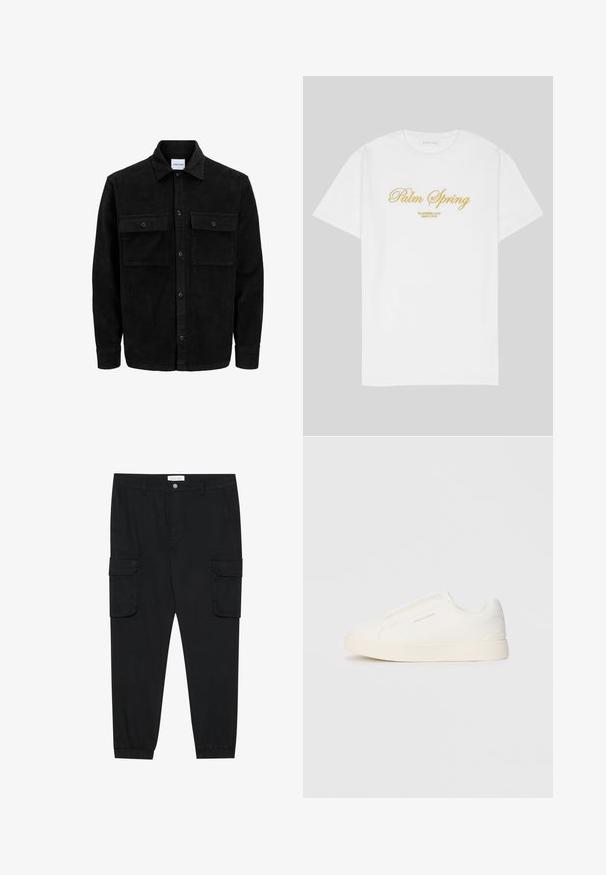 Zwarte corduroy knopenjack met twee voorste klepzakken en een klassieke kraag, lange mouwen en ribbelstructuur.; Witte katoen t-shirt met gouden tekst waarop staat "Palm Spring" met daaronder "California Love Eighty Five", ontspannen pasvorm, ronde hals.; Zwarte cargobroek met rechte pijpen, elastische boorden en meerdere zijzakken. Gemaakt van een gestructureerde stof met een knoopsluiting.; Witte instap sneakers met een gestructureerd oppervlak, een dikke zool en een minimalistisch ontwerp. Bevat het merklogo aan de zijkant.