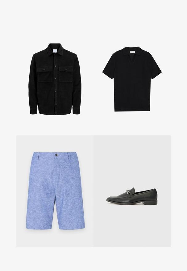 Črna kordurojska jakna z gumbi, z dvema sprednjima žepoma z zavihkom in klasičnim ovratnikom, dolgimi rokavi ter rebrasto teksturo.; Črna polo majica s kratkimi rokavi iz strukturirane rebraste tkanine, z V-izrezom in ravnim robom. Brez vidnih logotipov ali vzorcev.; Svijetloplave hlače od teksturirane tkanine, s prednjim kopčanjem na dugme i bočnim džepovima, ravnog kroja i dužine do koljena.; Črni usnjeni loafer z gladko površino, ki ima šivano zasnovo in dekorativni kovinski verižni naglas preko vampirja. Ravno peto.