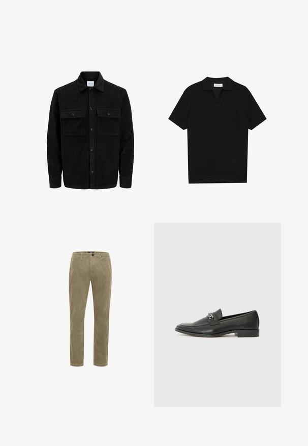 Črna kordurojska jakna z gumbi, z dvema sprednjima žepoma z zavihkom in klasičnim ovratnikom, dolgimi rokavi ter rebrasto teksturo.; Črna polo majica s kratkimi rokavi iz strukturirane rebraste tkanine, z V-izrezom in ravnim robom. Brez vidnih logotipov ali vzorcev.; Žametne hlače v svetlo rjavi barvi, z vertikalno rebrasto teksturo, sprednjim gumbom za zapiranje in ravnim krojem.; Črni usnjeni loafer z gladko površino, ki ima šivano zasnovo in dekorativni kovinski verižni naglas preko vampirja. Ravno peto.