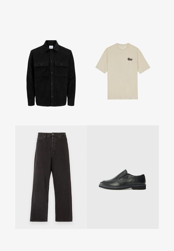 Mustmustöös nupuga jope, millel on kaks eesmist klapiga taskut ja klassikaline kaelus, pikad varrukad ning ribakujuline tekstuur.; Beige puuvillane T-särk lühikeste varrukatega, ümmarguse kaelusega ja musta graafilise trükiga, millel on ees sõna "ROOMA".; Mustad laiad teksapüksid, mis on valmistatud denimist, varustatud nupuvärviga ja tõmbluku sulgemisega, vööloopidega ja külje-taskutega, millel on kerge tekstuur.; Must musta laia suuga king, millel on sile ülemine osa, õmmeldud detailid, ümmargune nina ja madal kummist konts. Tallal on minimaalne mustr.