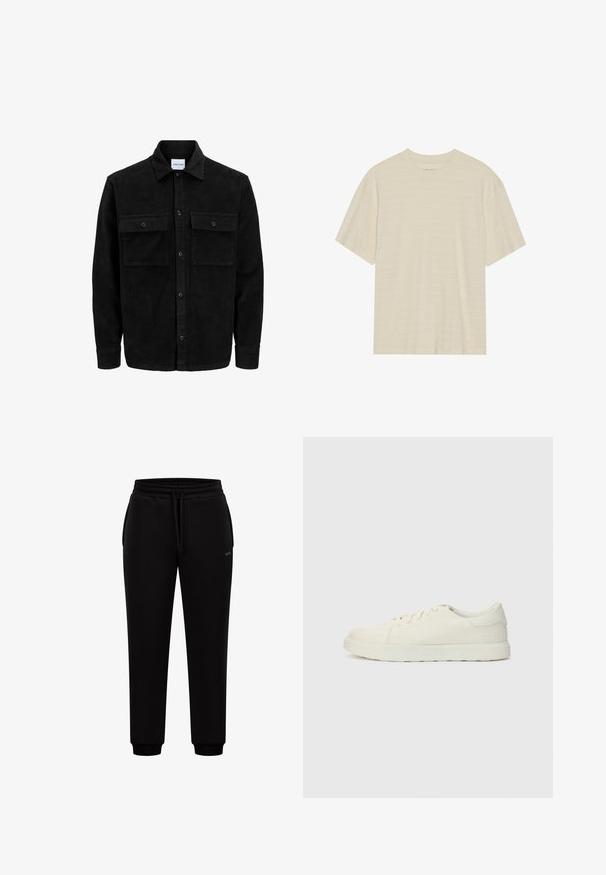 Zwarte corduroy knopenjack met twee voorste klepzakken en een klassieke kraag, lange mouwen en ribbelstructuur.; Crème-kleurig t-shirt met korte mouwen, voorzien van een subtiele gestreepte textuur en een ronde halslijn, gemaakt van lichte stof.; Zwarte joggingsbroek met elastische tailleband, trekkoord, zijzakken, geribbelde manchetten en een klein rechthoekig logo op de rechterdij.; Beige canvas sneakers met een ronde neus, vetersluiting en een gestructureerd oppervlak. Heeft een subtiel logo aan de zijkant en een duurzame rubberen zool.