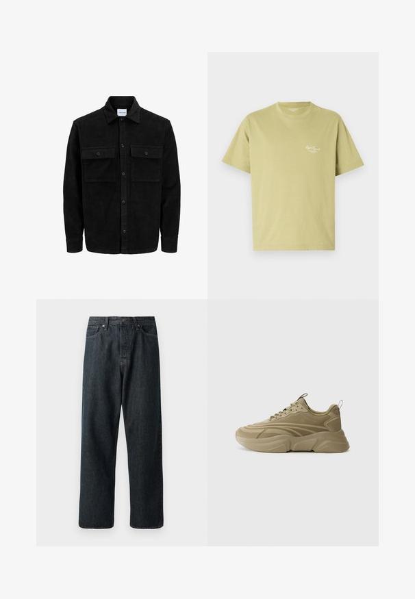 Black corduroy button-up jacket with two front flap pockets and a classic collar, long sleeves, and ribbed texture.; Light green cotton t-shirt with short sleeves, a round neckline, and a small white logo text on the left chest area.; Dark denim jeans with a straight-leg design, featuring a traditional five-pocket layout and a metal button closure at the waist.; Light khaki sneaker with textured upper, round toe, and thick rubber sole. Features lace-up design and rear pull tab for easy wear.