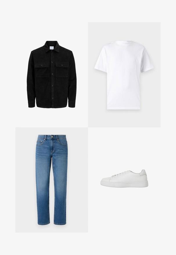 Chaqueta de pana negra con botones, dos bolsillos delanteros con solapa y un cuello clásico, mangas largas y textura acanalada.; Camiseta blanca de manga corta hecha de algodón con cuello redondo, que presenta una textura suave y un diseño simple sin patrones ni acentos.; Jeans de mezclilla azul con corte recto, que presentan bolsillos frontales, cremallera y cierre de botón. Textura suave y lavado clásico de mezclilla.; Zapatilla blanca de cuero suave con punta redonda, detalles cosidos y suela plana de goma. Diseño minimalista con cierre de cordones.