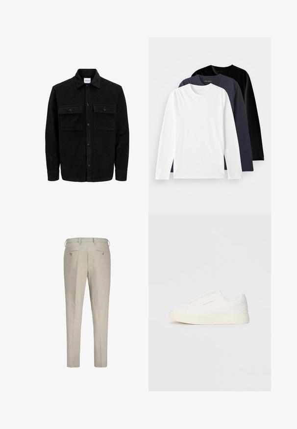 Črna kordurojska jakna z gumbi, z dvema sprednjima žepoma z zavihkom in klasičnim ovratnikom, dolgimi rokavi ter rebrasto teksturo.; Tri dolgi rokavi T-majic postavljene: ena bela, ena temno modra in ena črna. Narejene iz gladkega bombaža, z okroglimi izrezi in stranskimi razporki.; Linen hlače v svetli bež barvi z teksturiranim zaključkom. Imajo dva zadnja žepa z gumbi in zanke za pas za prilagodljiv fit.; Bele zapete brez vezalk z teksturirano površino, debelim podplatom in minimalističnim dizajnom. Na strani se nahaja logotip blagovne znamke.