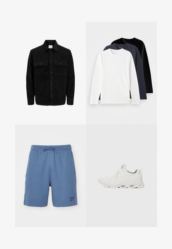 Juodas velveto mygtukų švarkas su dviem priekiniais kišenėmis su atvartais, klasikiniu apykakle, ilgomis rankovėmis ir raukšlėtu paviršiumi.; Trys ilgomis rankovėmis marškiniai, sukrauti vienas ant kito: vienas baltas, vienas tamsiai mėlynas ir vienas juodas. Pagaminti iš lygaus medvilnės, turi apvalius kaklus ir šoninius plyšius.; Mėlynos sportinės šortai, pagaminti iš minkštos medžiagos, su elastinga juosmens juosta su raišteliu, kampuotomis siūlėmis ir maža logotipo etikete apatinėje siūlėje.; Baltos sportinės detalės batai su tekstūruotu megztu viršumi, plokščiais raišteliais ir paminkštintu padu, kuriame matomos oro kameros papildomam palaikymui.