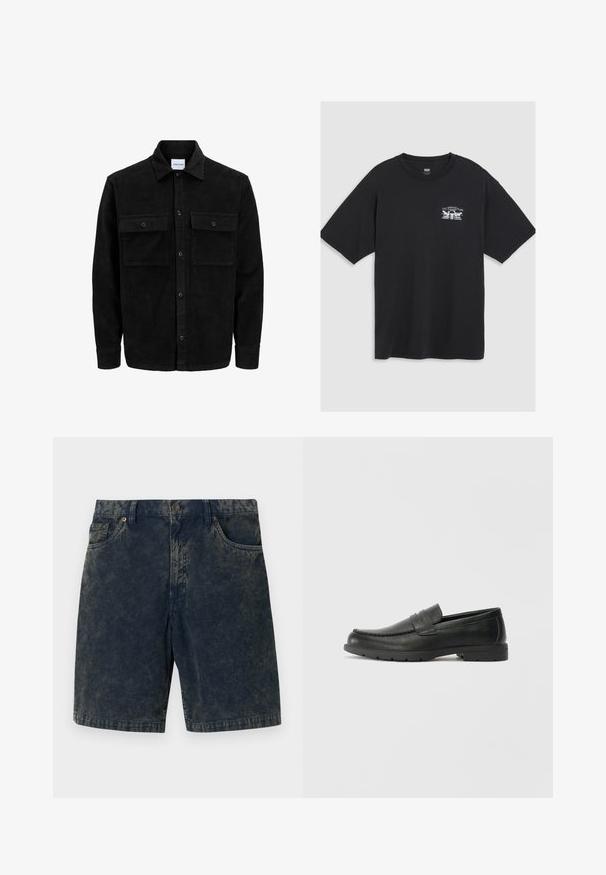 Veste en velours côtelé noire à boutons, avec deux poches à rabat à l'avant et un col classique, des manches longues et une texture côtelée.; T-shirt en coton noir à manches courtes, col rond, avec une petite impression graphique blanche sur la poitrine présentant un design stylisé.; Shorts en velours côtelé bleu marine avec une fermeture à bouton, deux poches avant et de légères rayures plus claires à travers le tissu.; Mocassins en cuir noir avec une finition lisse, tige de style moccasin, détails cousus et semelle en caoutchouc. Design classique avec un talon bas.