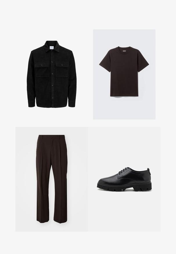 Černá kordurová košile s knoflíky, dvěma předními klopovými kapsami a klasickým límcem, dlouhými rukávy a vroubkovanou texturou.; Jednoduché černé tričko s krátkým rukávem z bavlny, s kulatým výstřihem a malou cedulkou "WEEKDAY" na vnitřní straně zadního límce.; GAP LOOSE - Kalhoty - brown noir; Černé kožené boty s hladkým povrchem, šněrovacím designem a silnou, robustní gumovou podrážkou s hlubokými drážkami pro trakci.