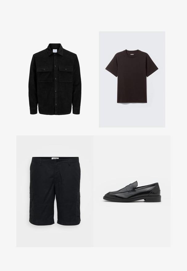 Giacca in corduroy nera con bottoni, due tasche anteriori con patta, colletto classico, maniche lunghe e texture a coste.; Maglietta nera in cotone a maniche corte con collo a giro e un piccolo etichetta "WEEKDAY" all'interno del colletto posteriore.; Pantaloni cargo neri realizzati in cotone. Le caratteristiche includono due tasche laterali, una vestibilità comoda e una parte anteriore piatta con chiusura a bottone.; Mocassini in pelle nera con finitura liscia, caratterizzati da una punta tonda e una fascia stretta sulla parte superiore. Tacco basso impilato.